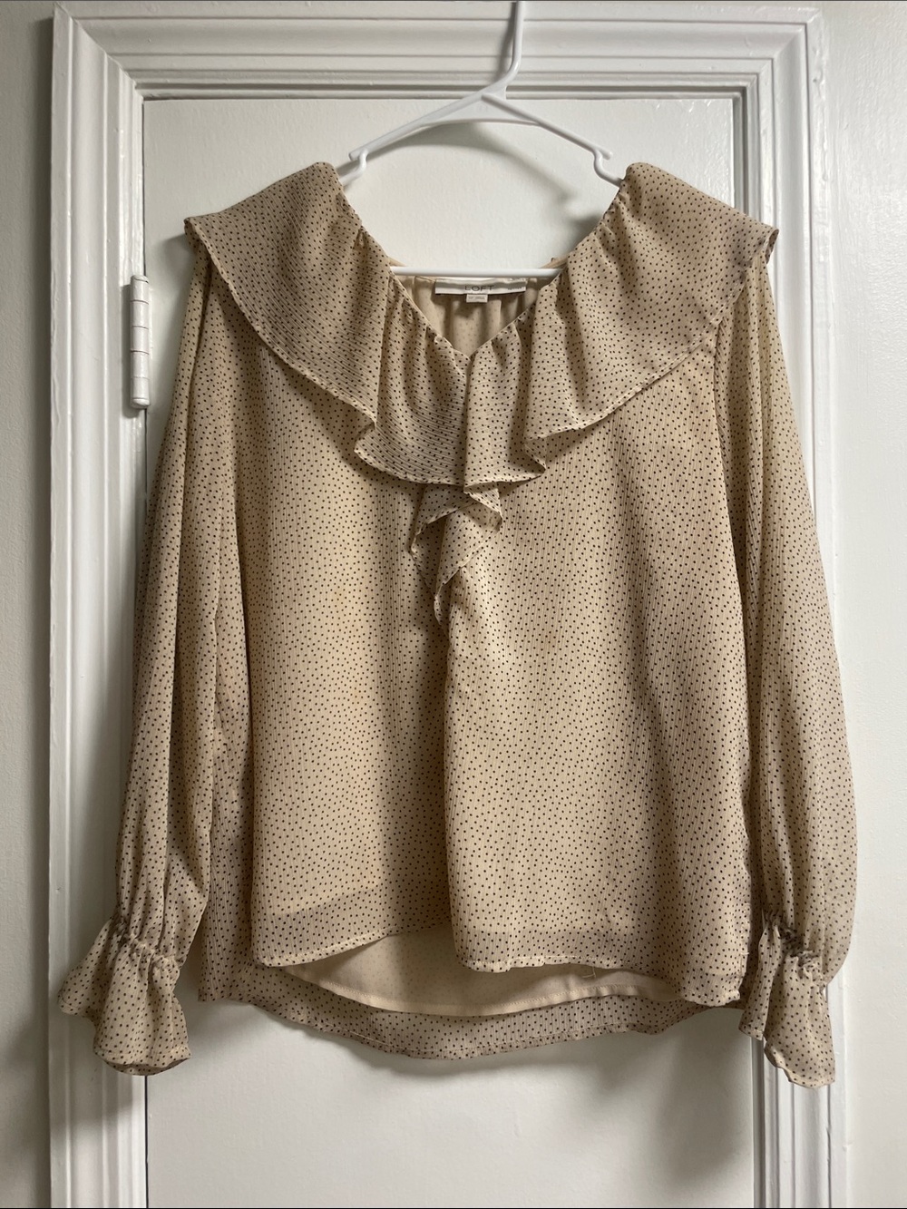 LOFT Tan Polka Dot Ruffle Neck Blouse